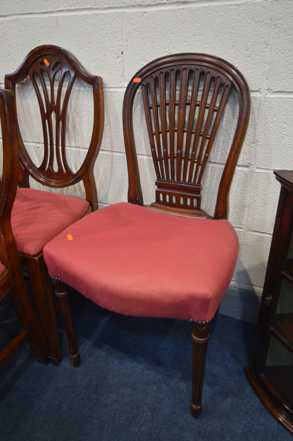 A SET OF FOUR MAHOGANY SHIELD SPLAT BACK CHAIRS, two other chairs, all with matching upholstery, - Image 2 of 4
