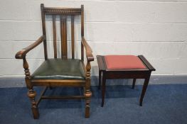 AN OAK CARVER CHAIR and a mahogany piano stool (2)
