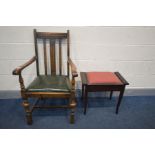 AN OAK CARVER CHAIR and a mahogany piano stool (2)