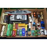 A BOX OF UNBOXED AND ASSORTED PLAYWORN DIECAST AND PLASTIC VEHICLES, to include Spot On Austin 1800,