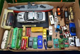 A BOX OF UNBOXED AND ASSORTED PLAYWORN DIECAST AND PLASTIC VEHICLES, to include Spot On Austin 1800,