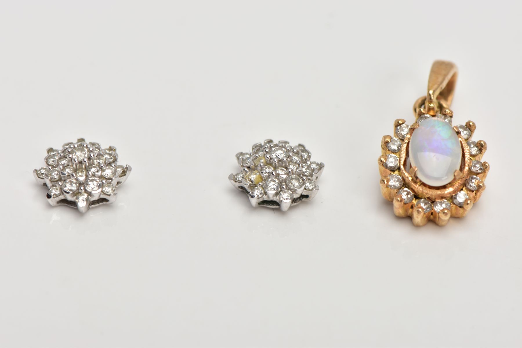 A PAIR OF 9CT WHITE GOLD DIAMOND EARRINGS AND A YELLOW METAL OPAL AND DIAMOND CLUSTER PENDANT, - Image 2 of 3