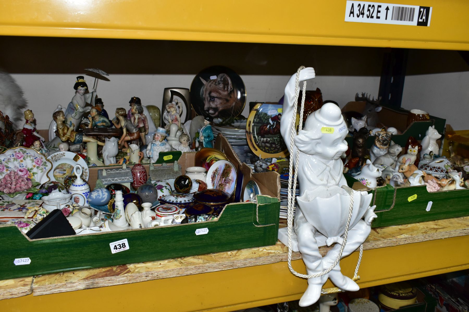 FOUR BOXES AND LOOSE CERAMIC ORNAMENTS AND COLLECTORS PLATES, to include clown on a swing hanging