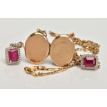A LOCKET, CHAIN AND PAIR OF EARRINGS, the oval 9ct gold locket with diamond cut detail to the front,
