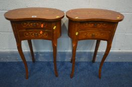 A PAIR OF REPRODUCTION LOUIS XVI STYLE KIDNEY OCCASIONAL TABLES, with two drawers, width 45cm x