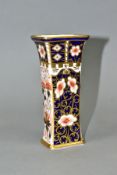 A ROYAL CROWN DERBY IMARI POSY VASE OF RECTANGULAR FORM, flared rim, pattern nos 1445 and 6299,