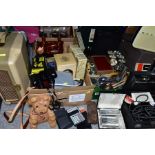 TWO BOXES AND LOOSE SUNDRY ITEMS ETC, to include a Singer 185K sewing machine, vintage Beamu