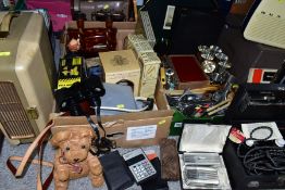 TWO BOXES AND LOOSE SUNDRY ITEMS ETC, to include a Singer 185K sewing machine, vintage Beamu