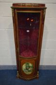 A REPRODUCTION LOUIS XVI STYLE BOWFRONT CORNER CUPBOARD, with brass mounts, width 51cm x depth