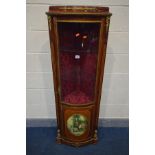 A REPRODUCTION LOUIS XVI STYLE BOWFRONT CORNER CUPBOARD, with brass mounts, width 51cm x depth