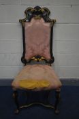 A LOUIS XV STYLE EBONISED AND GILT HIGH BACK CHAIR, with distressed pink floral upholstery (this