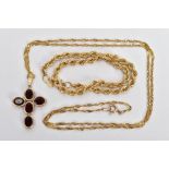 A 9CT GOLD ROPE TWIST BRACELET AND A GARNET CROSS PENDANT NECKLACE, hollow rope twist bracelet