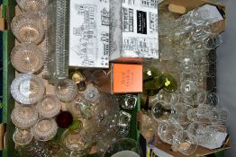 TWO BOXES OF GLASSWARES, to include Stuart cut glass whisky glasses, four 9cm and four 8cm, boxed