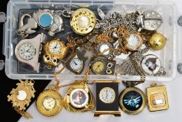 A SMALL BOX OF COSTUME POCKET WATCHES AND MINIATURE CLOCKS ETC, to include pendant watches, two