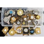 A SMALL BOX OF COSTUME POCKET WATCHES AND MINIATURE CLOCKS ETC, to include pendant watches, two