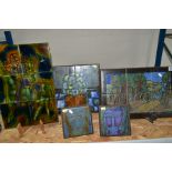 FIVE TILE PAINTINGS BY MARIA GEURTEN, comprising two 6'' x 6'' tiles painted with abstract faces,