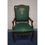 A REPRODUCTION FRENCH HARDWOOD GAINSBOROUGH CHAIR, with open armrests