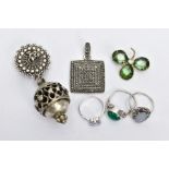A BAG OF ASSORTED WHITE METAL JEWELLERY, to include three white metal gem set rings, some with marks