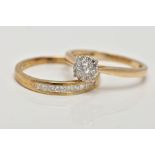 A 9CT GOLD DIAMOND WEDDING SET, to include a diamond cluster ring, set with ten round brilliant