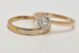 A 9CT GOLD DIAMOND WEDDING SET, to include a diamond cluster ring, set with ten round brilliant