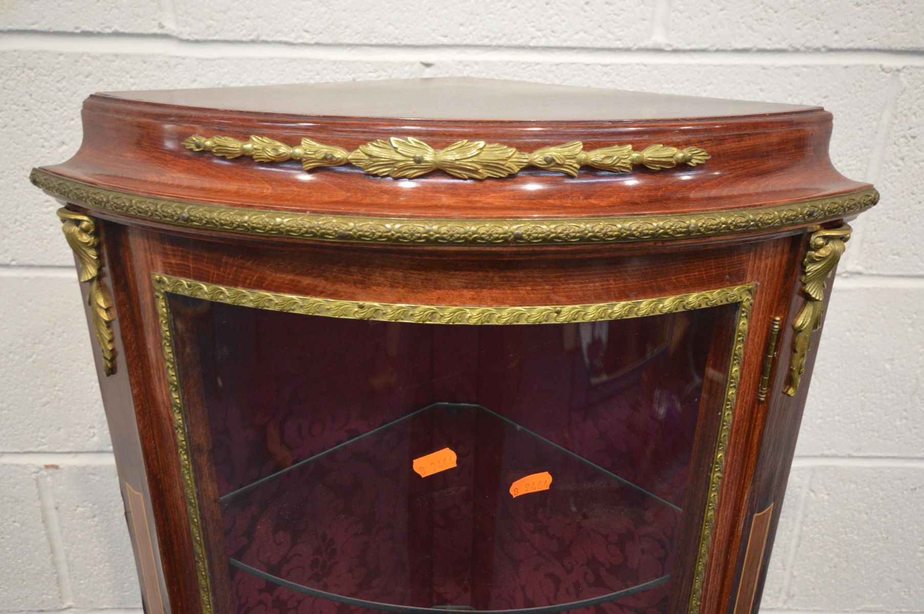 A REPRODUCTION LOUIS XVI STYLE BOWFRONT CORNER CUPBOARD, with brass mounts, width 51cm x depth - Image 2 of 4