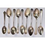 NINE SILVER TEASPOONS, eight old English pattern spoons and one with a decorative tapered handle,