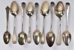 NINE SILVER TEASPOONS, eight old English pattern spoons and one with a decorative tapered handle,