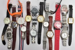 A BAG OF MAINLY GENTLEMEN'S WATCHES, to include chronograph examples and various fashion