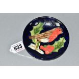 A MOORCROFT POTTERY PIN DISH DECORATED IN THE ROBIN AND HOLLY PATTERN, impressed and painted