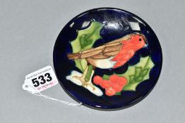 A MOORCROFT POTTERY PIN DISH DECORATED IN THE ROBIN AND HOLLY PATTERN, impressed and painted