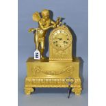 A CHAPPE OF PARIS GILT METAL MANTLE CLOCK, the rectangular base is surmounted by a fairy holding a