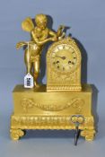 A CHAPPE OF PARIS GILT METAL MANTLE CLOCK, the rectangular base is surmounted by a fairy holding a