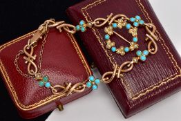 A YELLOW METAL TURQUOISE AND SEED PEARL BRACELET AND A BROOCH, the bracelet with openwork links,