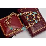 A YELLOW METAL TURQUOISE AND SEED PEARL BRACELET AND A BROOCH, the bracelet with openwork links,