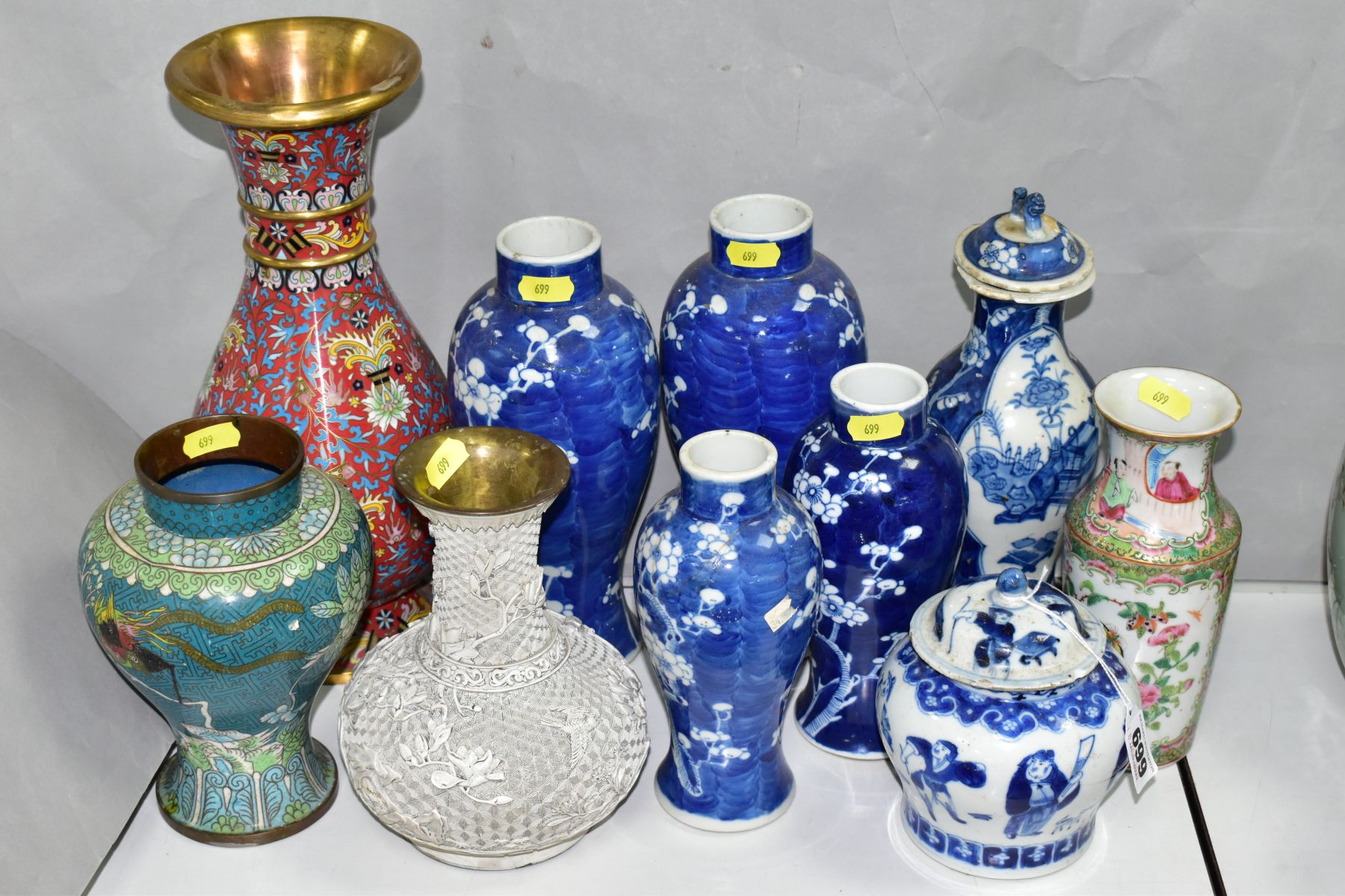 CHINESE CERAMICS AND CLOISONNE WARES, ETC, to include a carved white lacquer vase of globular form