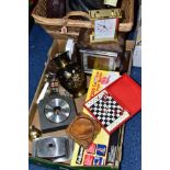 A BOX AND A BASKET OF CLOCKS, METALWARES, household sundries, modern walking stick, desk