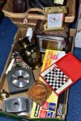 A BOX AND A BASKET OF CLOCKS, METALWARES, household sundries, modern walking stick, desk