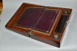 A VICTORIAN WRITING SLOPE with brass corners, escutcheon, cartouche (with engraved initials 'E.N')