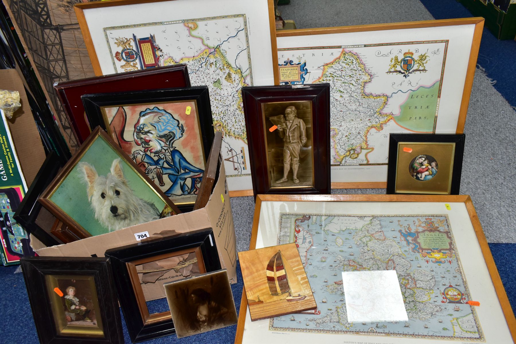 PICTURE AND PRINTS, ETC, to include a Sherwins Patent tile depicting a scantily clad female figure
