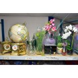 A QUANTITY OF VASES, CLOCKS, GLOBE AND OTHER ITEMS, to include twelve vases, mainly glass, some with