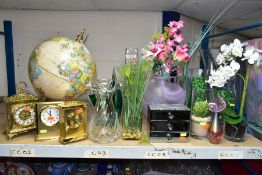 A QUANTITY OF VASES, CLOCKS, GLOBE AND OTHER ITEMS, to include twelve vases, mainly glass, some with