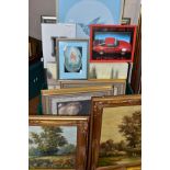 A QUANTITY OF PAINTINGS AND PRINTS ETC, to include a pair of P.Wilson oil on canvas landscapes,