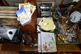 TWO BOXES AND LOOSE CERAMICS, RECORDS, HOUSEHOLD ITEMS, ETC, to include a Brexton cased picnic set