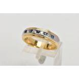AN 18CT GOLD DIAMOND AND SAPPHIRE HALF ETERNITY RING, designed with a row of five circular cut