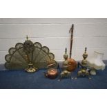 A PAIR OF BRASS ANDIRONS, along with a brass peacock fire screen, copper warming pan, kettle and