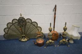 A PAIR OF BRASS ANDIRONS, along with a brass peacock fire screen, copper warming pan, kettle and