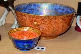 TWO WEDGWOOD BONE CHINA ORANGE AND PURPLE LUSTRE BOWLS WITH GILT DECORATION, the smaller bowl