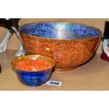 TWO WEDGWOOD BONE CHINA ORANGE AND PURPLE LUSTRE BOWLS WITH GILT DECORATION, the smaller bowl