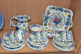 A MASONS IRONSTONE 'STRATHMORE' PATTERN TEASET AND A 'REGENCY' PATTERN JUG, the jug height 15.5cm,