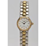 A LADIES 'LONGINES' QUARTZ WRISTWATCH, round white dial signed 'Longines, quartz', baton markers,